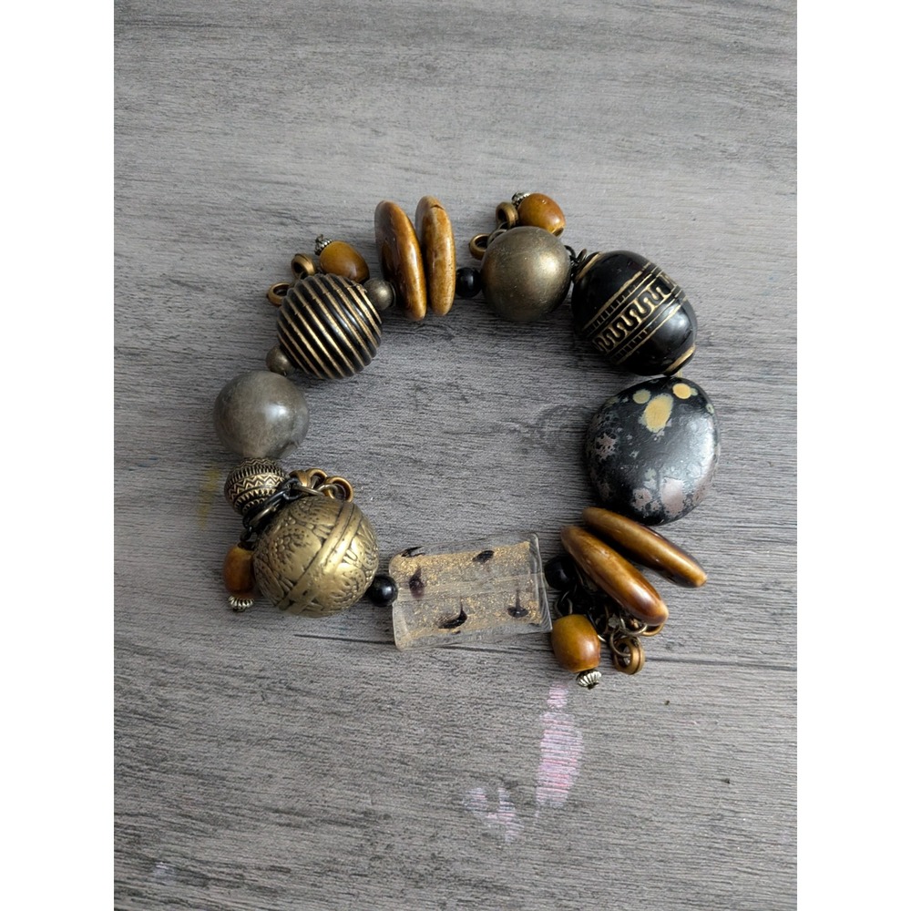 Boho Chunky Beaded Stretch Bracelet Mixed Media Bronze Wood Stone Resin Boho